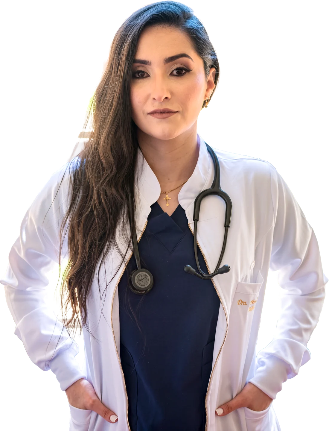 Dra. Priscila Costa de jaleco branco e estetoscópio