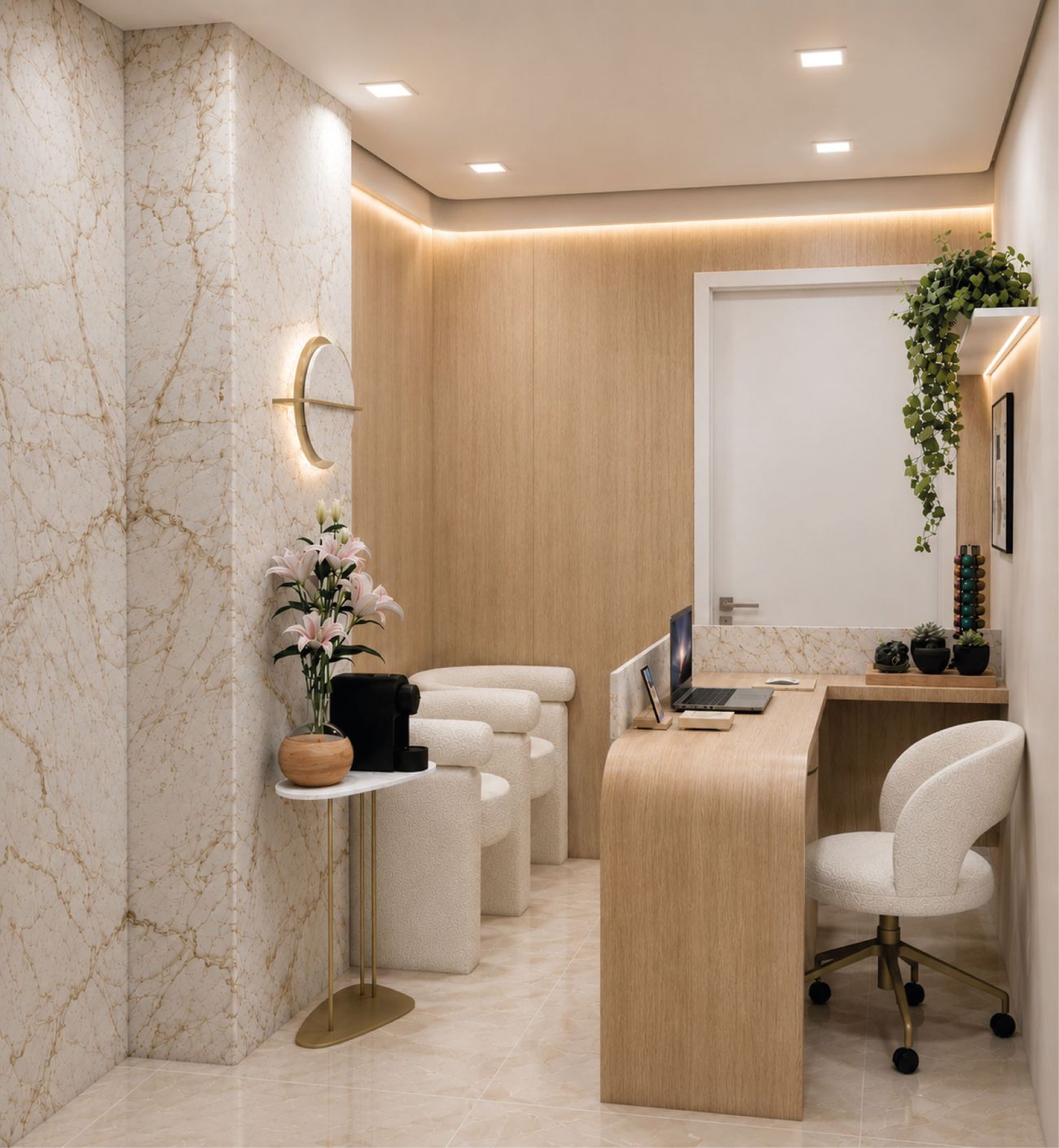 Sala de espera com poltronas claras, flores e painel de mármore