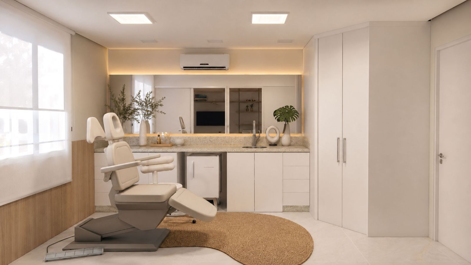 Sala de procedimentos com cadeira estética e bancada
